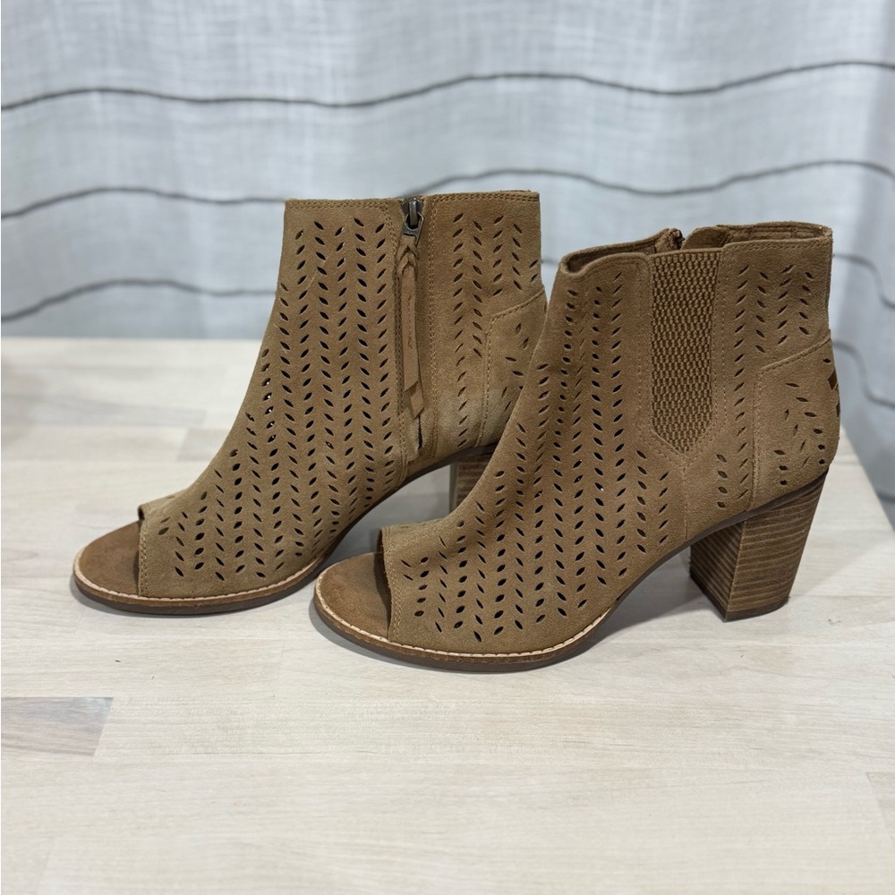 Toms Tan Ankle Booties with Perforated Design and Block Heel
